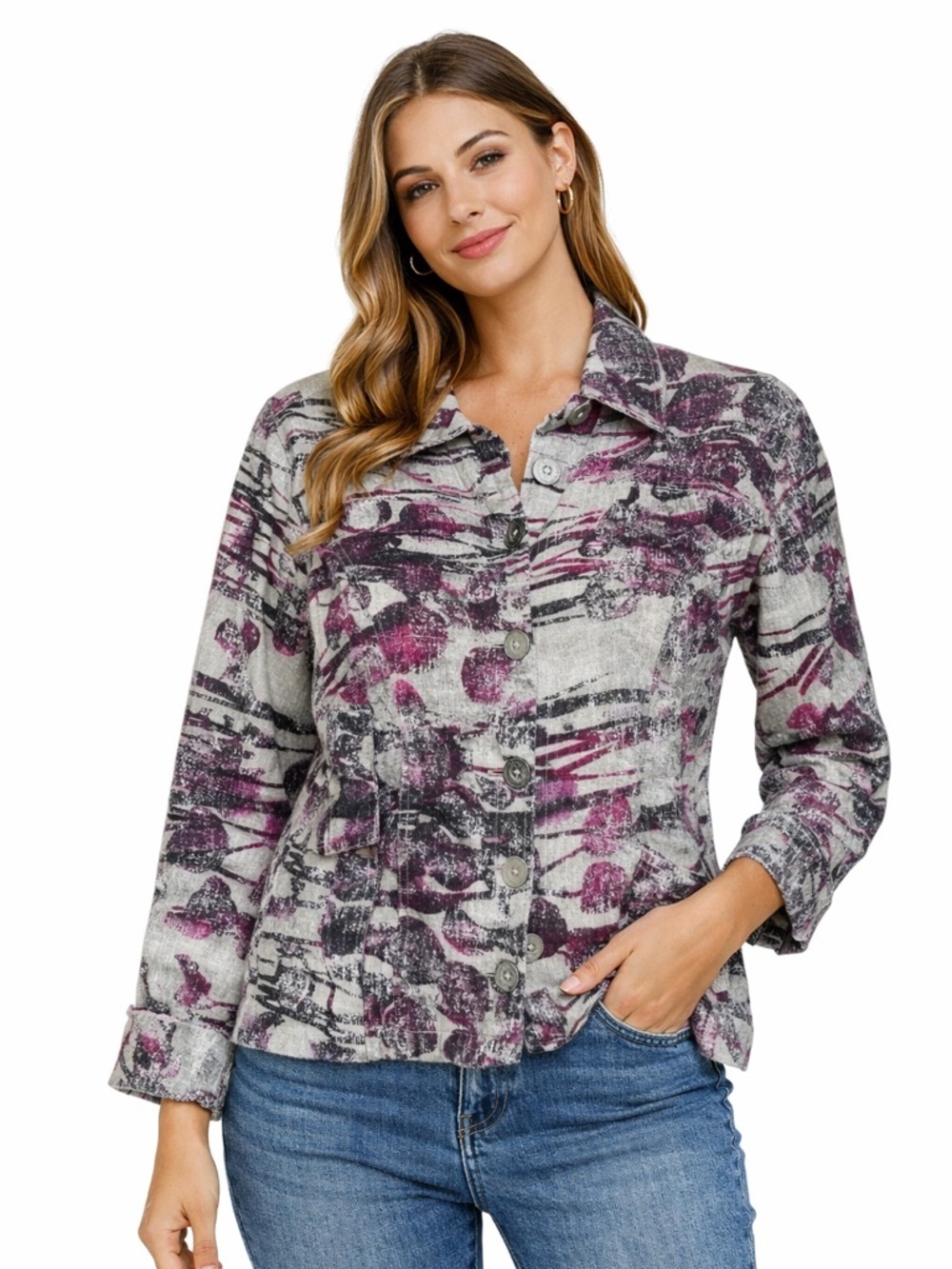 NWT Chico's 100% Linen Purple and Gray Jacket